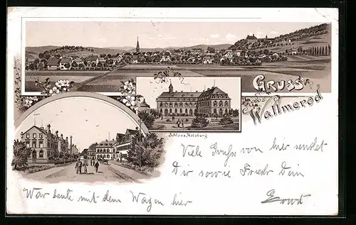 Lithographie Wallmerod, Panorama, Schloss Molsberg, Strassenpartie