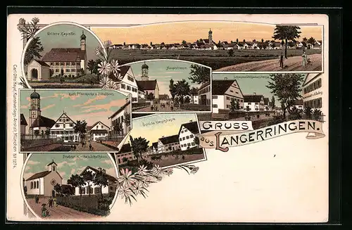 Lithographie Langerringen, Panorama, Östliche Hauptstrasse, Hauptstrasse mit Kirche