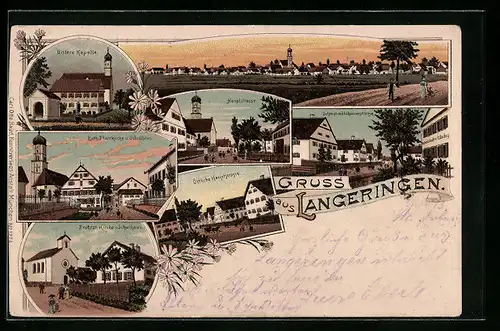 Lithographie Langerringen, Untere Kapelle, Panorama, Östliche Hauptstrasse, Hauptstrasse mit Kirche