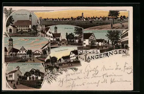 Lithographie Langerringen, Östliche Hauptstrasse, Hauptstrasse mit Kirche, Untere Kapelle, Panorama