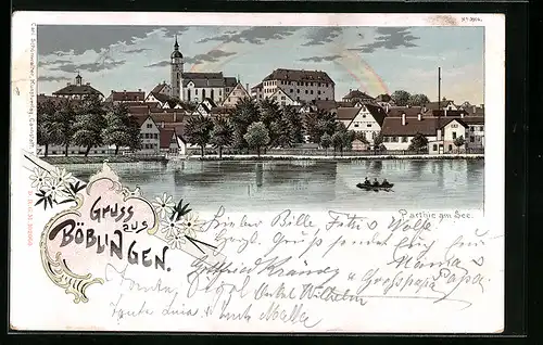 Lithographie Böblingen, Teilansicht mit Kirche vom Wasser aus