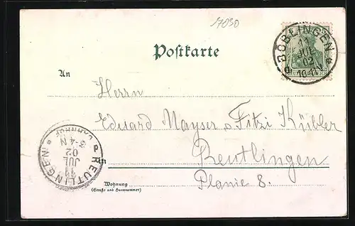 Lithographie Böblingen, Teilansicht mit Kirche vom Wasser aus