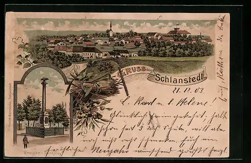 Lithographie Schlanstedt, Gesamtansicht aus der Vogelschau, Krieger-Denkmal