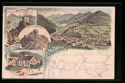 Lithographie Diersburg, Gesamtansicht mit Umgebung von oben, Strassenpartie mit Gasthaus zum Hirsch Otto Lienhard