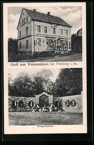 AK Weissenborn bei Freiberg /Sa., Warenhaus Max Brückner, Kriegerdenkmal
