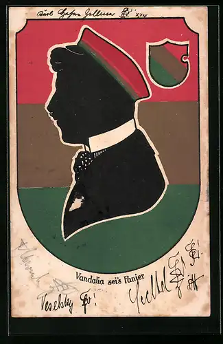 Künstler-AK Berlin, Studenten-Silhouette auf Wappen der Vandalia