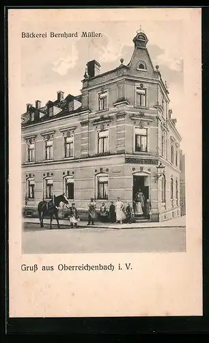 AK Oberreichenbach i. V., Bäckerei Bernhard Müller mit Betreibern und Kutschpferd, Strassenansicht