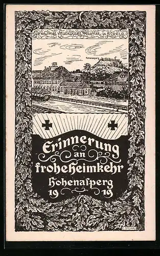 Künstler-AK Hohenasperg, Teilansicht mit Bahnhof, Erinnerung an frohe Heimkehr 1919