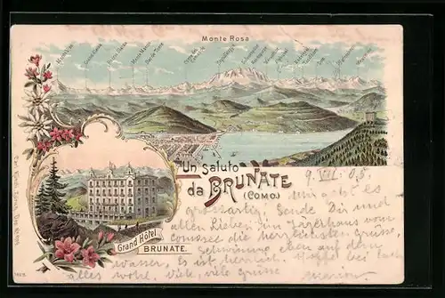 Lithographie Brunate /Como, Grand Hotel Brunate, Panorama mit Monte Viso, Grand Glaiza und Monte Marcio