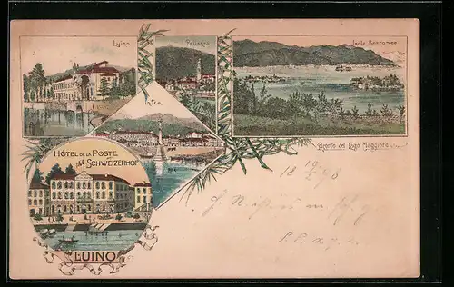 Lithographie Luino, Hôtel de la Poste et Schweizerhof, Pallanza, Intra