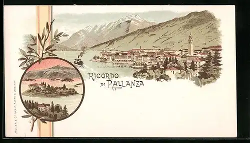 Lithographie Pallanza, Teilansicht mit Dampfer, Panorama