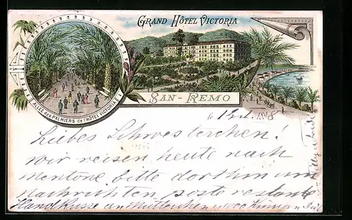 Lithographie San-Remo, Grand Hôtel Victoria, Allée des Palmiers