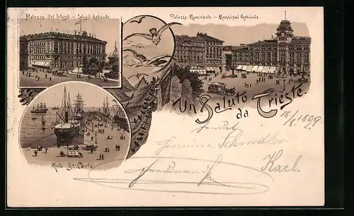 Lithographie Trieste, Lloyd-Gebäude, Municipal-Gebäude, Molo St. Carlo