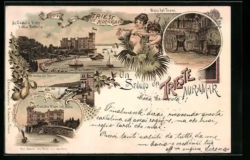 Lithographie Trieste-Miramar, Das Schloss von der Batterie gesehen, Inneres Thronsaal, Balkon der Terrasse