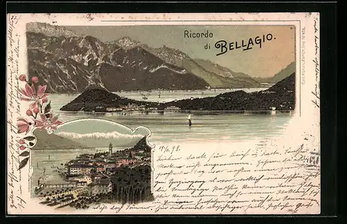 Lithographie Bellagio, Panorama, Ortspartie mit Geschäft