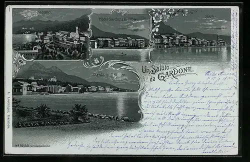 Mondschein-Lithographie Gardone, Hotel Gardone Riviera, Fasano, Salò