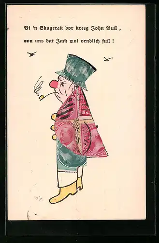 AK Bi`n Skagerrak vor kreeg John Bull, von uns dat Jack mol orndlich full!, Briefmarkencollage