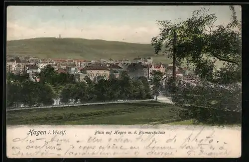 AK Hagen i. Westf., Blick auf Hagen m. d. Bismarcksäule