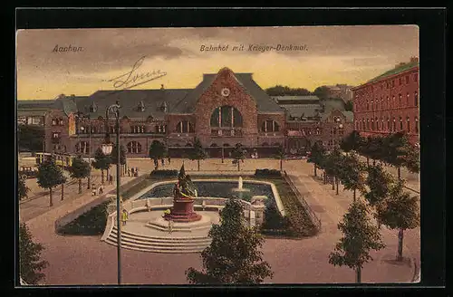 AK Aachen, Bahnhof mit Krieger-Denkmal