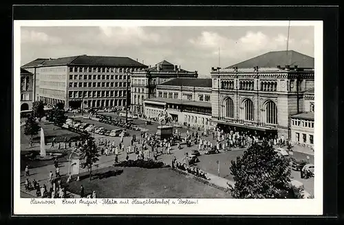 AK Hannover, Ernst August-Platz mit Hauptbahnhof u. Postamt