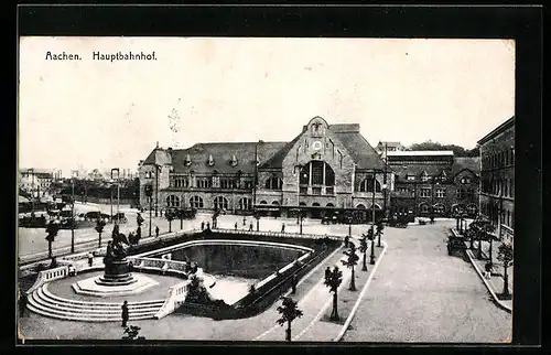 AK Aachen, Hauptbahnhof mit Denkmal