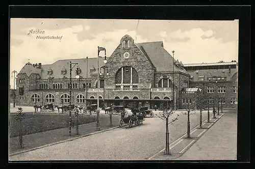 AK Aachen, Hauptbahnhof mit Pferdekutschen