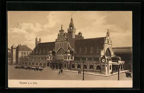 AK Essen a. d. Ruhr, Bahnhof mit Pferdekutschen