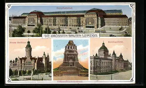 AK Leipzig, Hauptbahnhof, Neues Rathaus, Reichsgericht