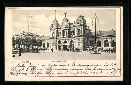 AK Mainz, Centralbahnhof mit Pferdekutschen