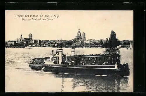 AK Trajektschiff Putbus mit dem D-Zuge, fahrt nach Rügen