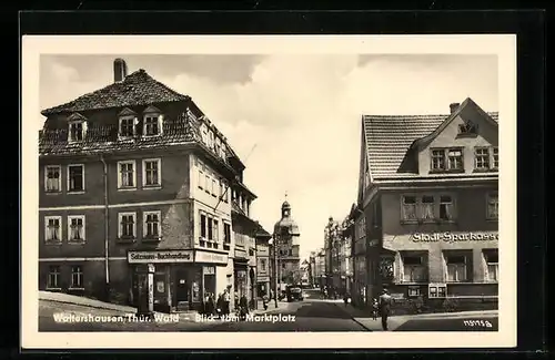 AK Waltershausen i. Thür., Blick vom Marktplatz, Stadt-Sparkasse und Salzmann-Buchhandlung