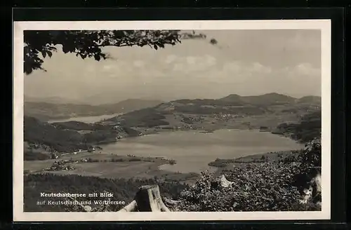 AK Keutschach, Panorama mit Keutschachersee und Wörthersee