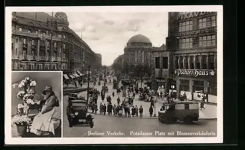 AK Berlin-Tiergarten, Potsdamer Platz mit Blumenverkäuferin, Berliner Verkehr