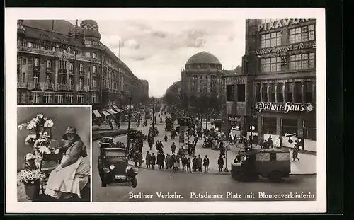AK Berlin-Tiergarten, Berliner Verkehr, Potsdamer Platz mit Blumenverkäuferin