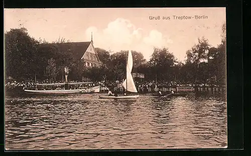 AK Treptow-Berlin, Gasthaus Spreegarten mit Booten