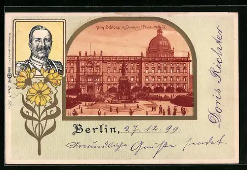 Lithographie Berlin, Königliches Schloss mit Denkmal Friedrich-Wilhelm III.