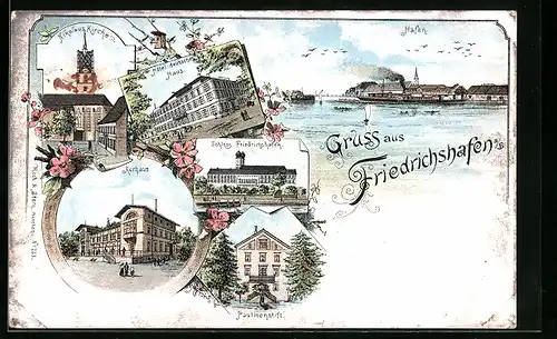 Lithographie Friedrichshafen, Kurhaus, Nikolaus Kirche, Paulinenstift