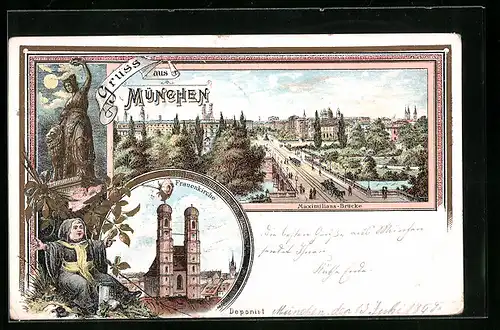 Lithographie München, Maximilians-Brücke und Frauenkirche, Münchner Kindl