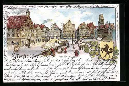 Lithographie Stuttgart, Blick auf den Markt, Wappen