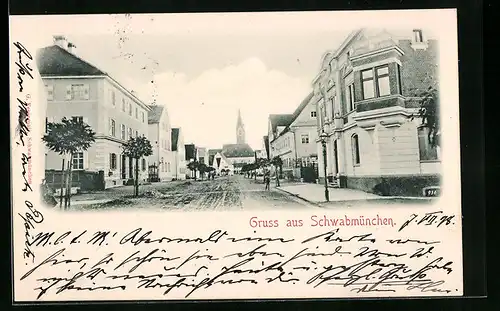 AK Schwabmünchen, Strassenpartie mit Häusern und Kirche