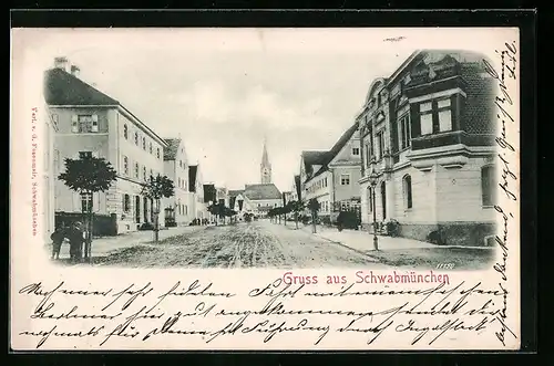 AK Schwabmünchen, Strassenpartie mit einer Kirche