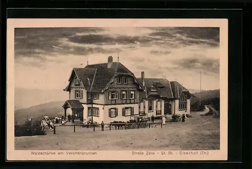 AK Oberhof /Th., Gasthaus Waldschänke am Veilchenbrunnen mit Kutsche, Strassenansicht