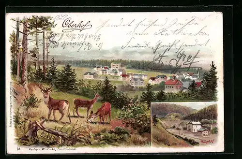 Lithographie Oberhof /Th., Gesamtansicht mit Rehen, Bahnhof