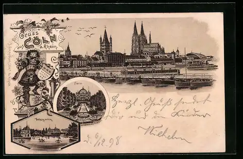 Lithographie Köln-Neustadt, Panorama der Stadt, Gasthaus Volksgarten