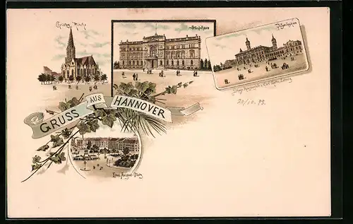 Lithographie Hannover, Ständehaus, Polytechnikum, Christus-Kirche