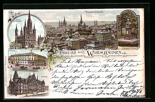 Lithographie Wiesbaden, Totalansicht, Rathhaus, Bodenstedt-Denkmal