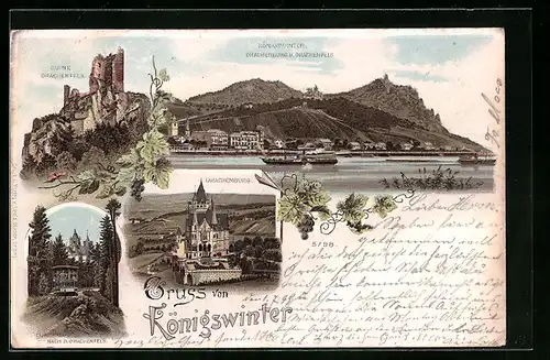 Lithographie Königswinter, Ortsansicht mit Drachenburg und Drachenfels, Zahnradbahn