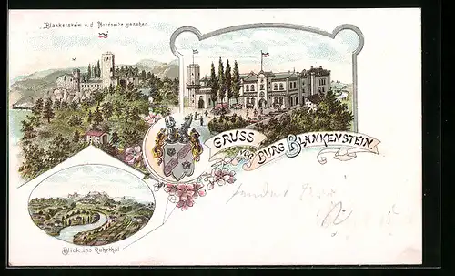 Lithographie Blankenstein, Gasthaus Burg Blankenstein, Blick ins Ruhrtal