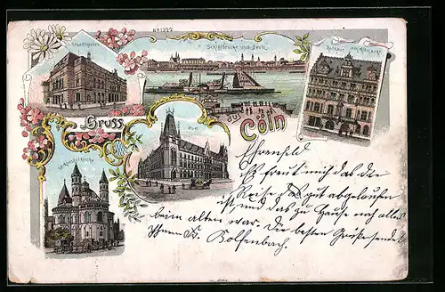 Lithographie Cöln, Stadttheater, Schiffbrücke und Deutz