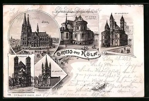 Lithographie Köln, St. Aposteln, St. Martin, Dom